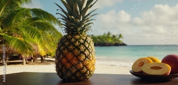 Fototapeta  .The image features a pineapple on the table next to some fruit. Specifically, there is an apple and two oranges placed nearby. The scene.