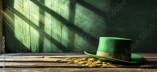 Fototapeta Gleaming Gold Coins Hidden Beneath Leprechaun's Hat on Vintage Table