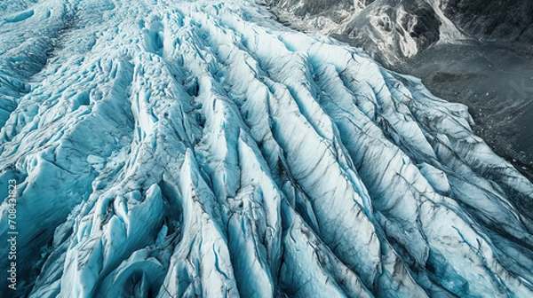 Fototapeta Aerial view of icy glacier intricate patterns and deep crevasses.