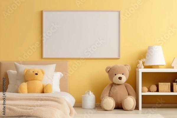 Fototapeta Aesthetic composition of child room interior with mock up poster frame, soft yellow wall, plush toys and personal accessories. Home decor, template