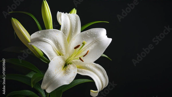 Fototapeta White lily with water drops on black background. Studio shot.