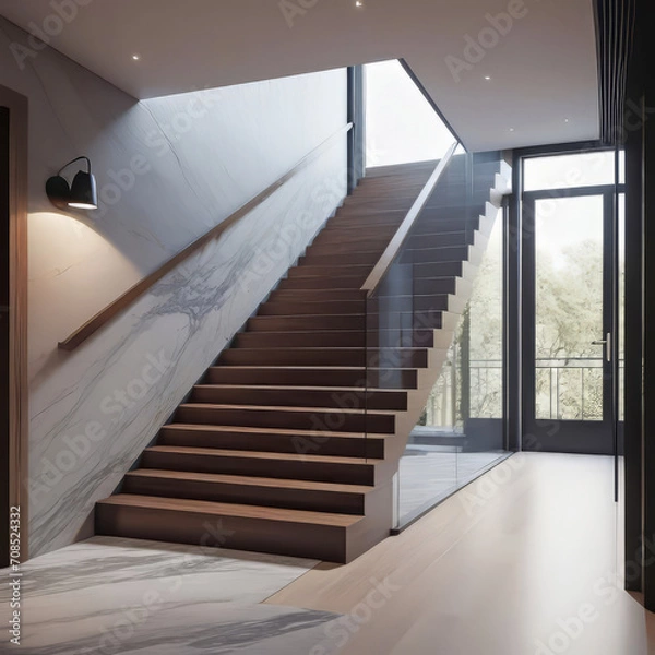 Fototapeta Loft interior design of a modern hallway with a staircase and an armchair near a marble (stone) wall with copy space, modern home design,