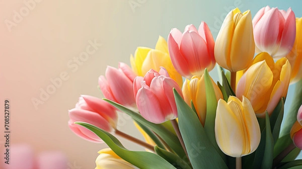 Fototapeta Bouquet of spring tulip on bright blue green background, spring flowers for gift, 8 March, Valentine day, Birthday party, International women day, 14 February, Easter, Copy space image Place for text