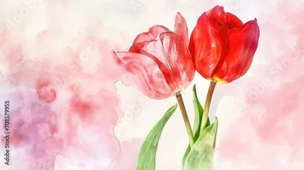 Fototapeta Watercolor tulips with green leaf. Hand drawn watercolor illustration, copy space.