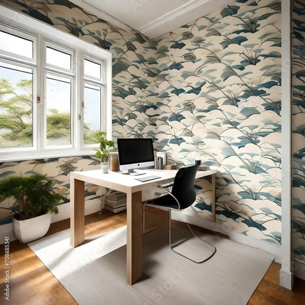 Fototapeta Harmonious Japan sea wallpaper pattern in a well-lit and functional home office