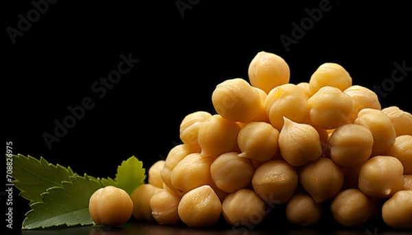 Fototapeta Pile of fresh chickpeas with a green leaf on a dark background symbolizing healthiness,AI generated