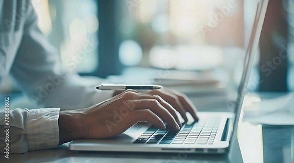 Fototapeta Close up of businessman hands typing on laptop keyboard in office. Freelance concept.