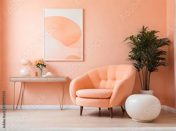 Fototapeta Peach fuzz room ,minimal interior Livingroom. peach armchair with peach color paint wall.