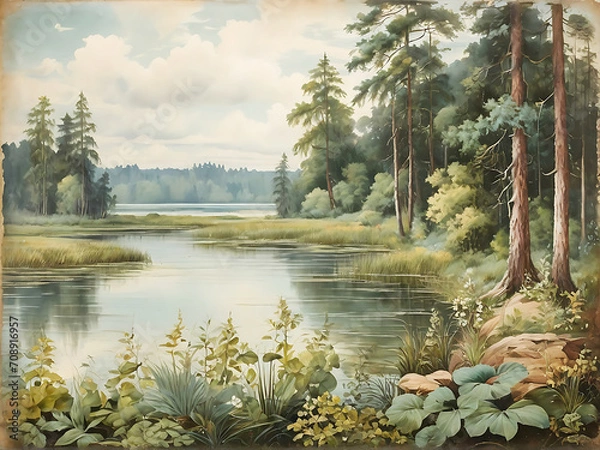 Fototapeta Photo vintage painting of forest landscape with lake plants.