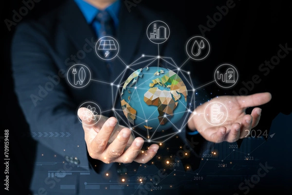 Fototapeta Hand holding global with icon sustainable. Business, natural green bokeh background,technology concept,alternative energy,conservative clean energy,ESG concept,Carbon credit,Carbon neutral.