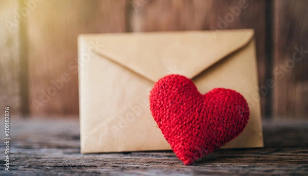 Fototapeta Red heart and envelope on vintage table, conveying love message for Valentines Day