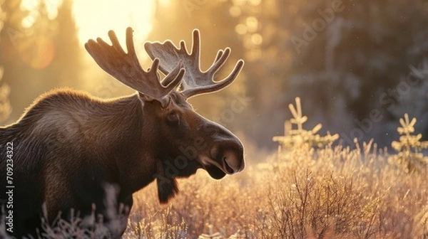 Fototapeta Moose in a snowy forest in winter.