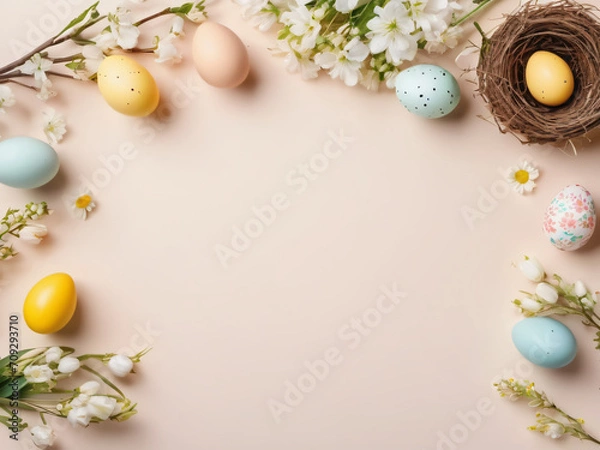 Fototapeta Easter concept, top view Easter background with Easter eggs in a nest and some flowers on beige background, copy space, Generative ai