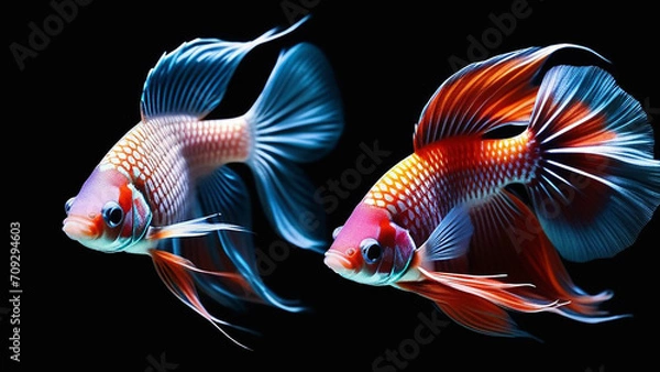 Obraz Siamese fish with a bright tail on a black background.