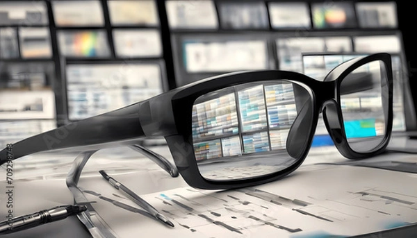 Fototapeta glasses reflecting computer monitor with data.show humans using apps or digital tools works