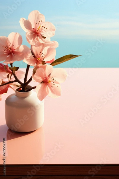 Fototapeta Cherry blossoms in vase on table against blue sky background.