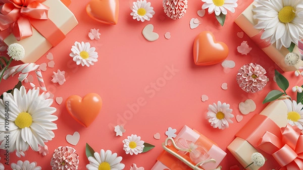 Fototapeta Valentines day Background with copy space for text 3d love, heart and tiny flower blank space for text