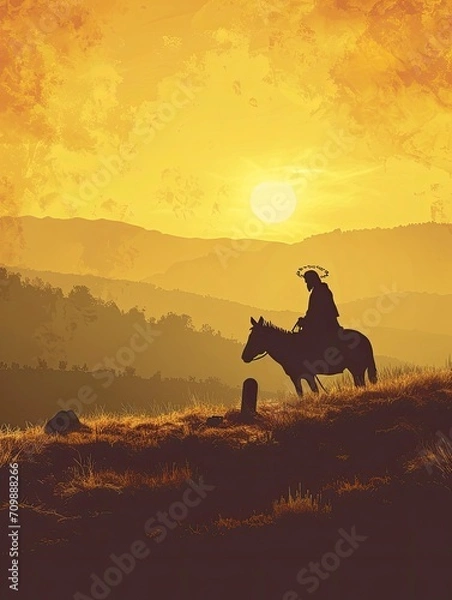 Fototapeta Palm Sunday concept: Silhouette Jesus Christ riding donkey with tomb stone on meadow sunset background, poster, realistic, HD, copy space - generative ai