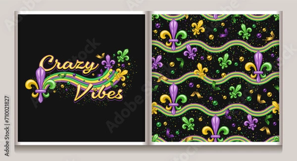 Fototapeta Mardi Gras seamless pattern, logo with horizontal wavy stripes, scattered Fleur de Lis sign, confetti, beads, glitter. Vintage illustration for prints, wrapping paper, holiday goods decoration