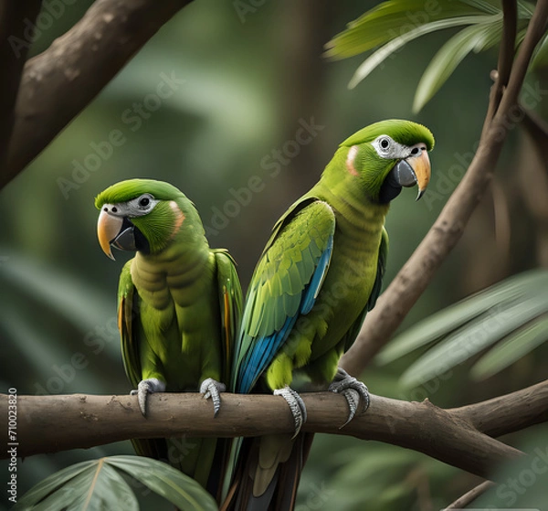 Fototapeta Pair of birds, green parrot Military Macaw, Ara militaris, Costa Rica. two scarlet macaws on a branch. Two colourful lori parrots on the perch generative Ai