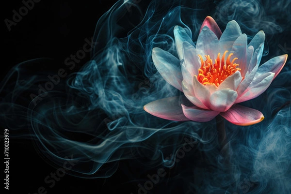 Fototapeta Lotus flower made of colourful smoke on a black background 