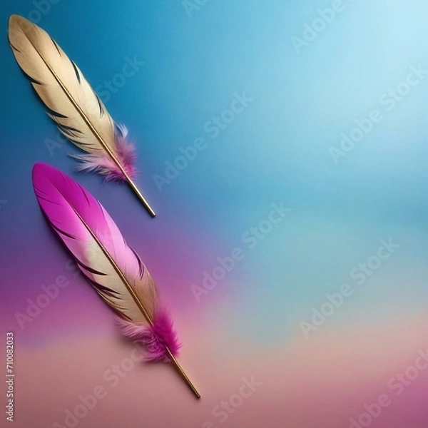 Fototapeta Blue Magenta Gold Diffuse Background with Feather Accents - Two Feathers on Left