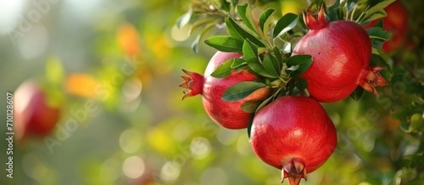 Fototapeta Luscious pomegranates on Greek tree in Mediterranean.