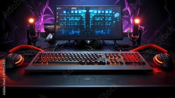 Fototapeta A top view of a sleek black mechanical keyboard with RGB backlighting, surrounded by a mouse, headphones, and a mousepad