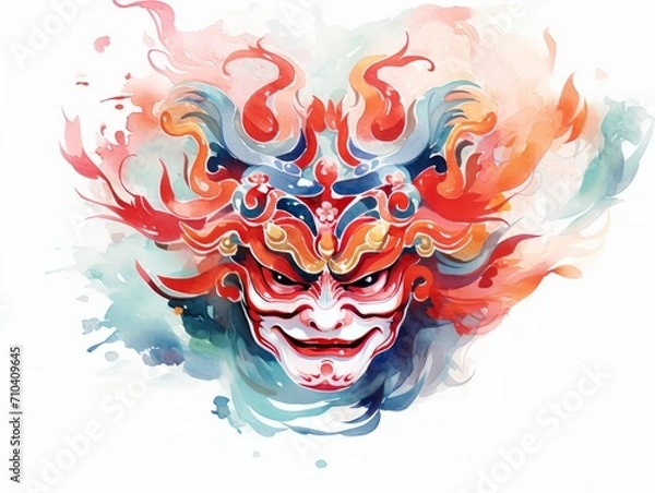 Fototapeta Colorful Mask With Red, Orange, and Blue Paint Splatters. Watercolor illustration. Chinese new year mood.