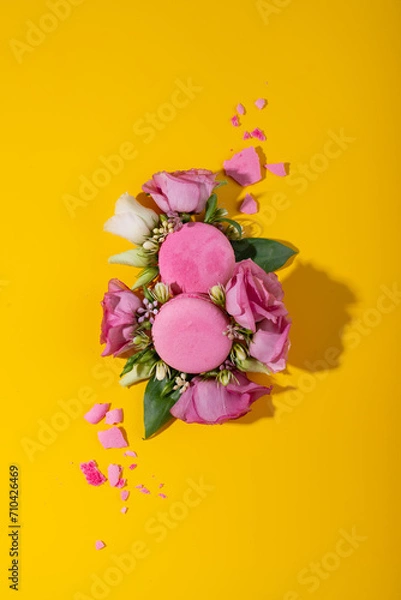 Fototapeta Women's Day 8 March greeting card with macaroon and flowers