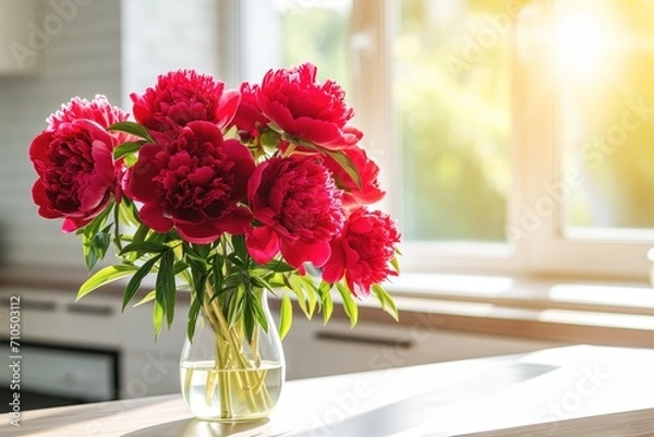 Fototapeta Bunch of bright red peony flower standing on modern table in light modern kitchen. The bright spring sun shining through the window