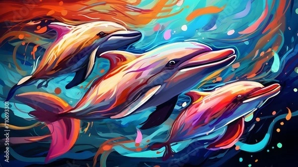 Fototapeta group of dolphins in colorful underwater, AI generative.group of dolphins in colorful underwater