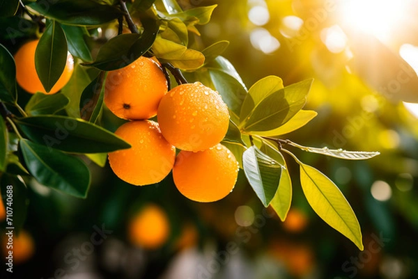 Fototapeta Oranges on a tree close-up, orchard, background