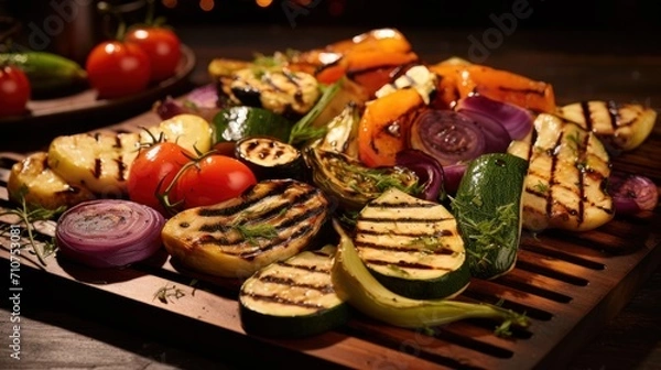 Fototapeta  a wooden cutting board topped with lots of grilled veggies and veggies on top of it.