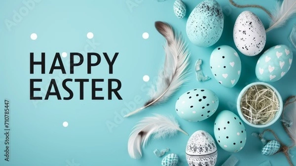 Fototapeta Happy easter banner background. Easter feathers with eggs