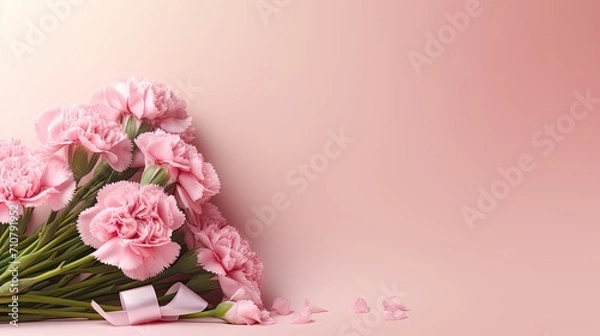 Fototapeta Mother's Day holiday greeting with a carnation bouquet on a pastel pink table background, a composition in a minimalist modern style, creating an aesthetically pleasing image.