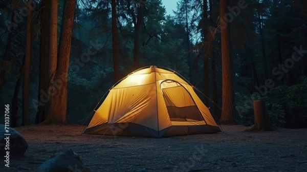 Obraz Tent Pitched in Dark, Forested Woods at Night