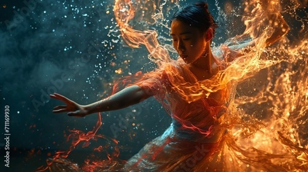 Fototapeta Ethereal Dance: A Dancer Engulfed in a Dynamic Interplay of Fire and Water Elements