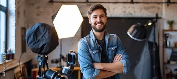 Fototapeta a photographer with a camera looks straight and smiles, against the backdrop of a photo studio