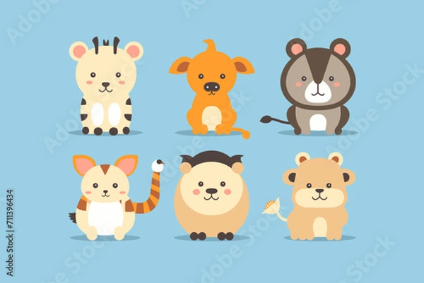 Fototapeta A set of cute cartoon animals. Vector flat images of animals for postcards, invitations, textiles, thermal printing, various types of printing.