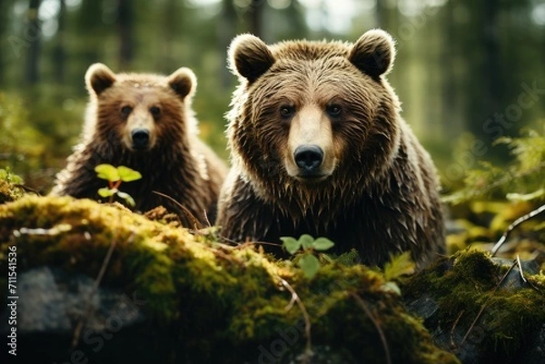 Fototapeta Two massive brown bears roam the lush forest, their snouts sniffing the air as they traverse through towering trees and grassy terrain, showcasing the beauty and power of these magnificent terrestria