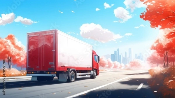 Fototapeta Expedition red box container trailer truck seen from behind, running on the cross-city toll road. In the middle of a clear day the sky is blue with clouds.