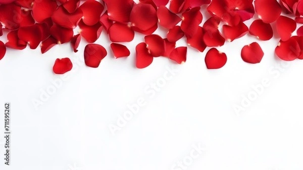 Fototapeta Romantic red rose petals on white background. Flat lay, top view, copy space
