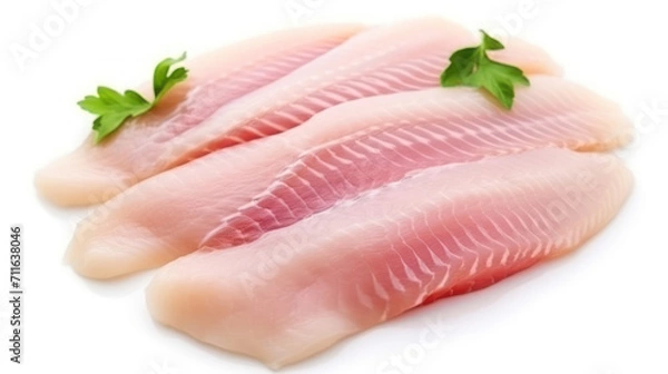 Fototapeta Raw tilapia fillet fish isolated on white background for cooking food/Fresh fish fillet sliced for steak,