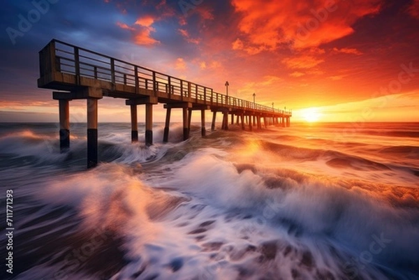 Fototapeta A serene pier stands by the waters edge, offering a peaceful sanctuary in nature, Long tall pier at sunset, small waves rolling in, AI Generated