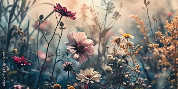 Fototapeta Fantasy flower field banner in vintage style