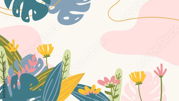 Obraz Colorful colourful vector illustration spring background with flowers and leaves. Vector summer background with vegetation, flower, and leaf for poster, banner, and presentation