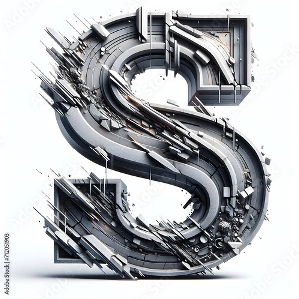 Fototapeta 3D letter S construction font with industrial concrete and rubble