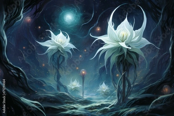 Fototapeta Ethereal moonflower blooms, releasing fragrant scents and glowing softly in the darkness - Generative AI