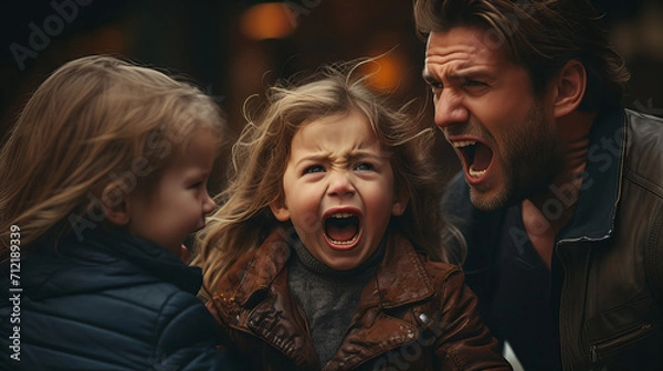 Fototapeta Family Moment of Raw Emotion, gripping moment as a family expresses powerful emotions, with a child's scream mirroring his father's cry, a raw depiction of familial bonds and reactions